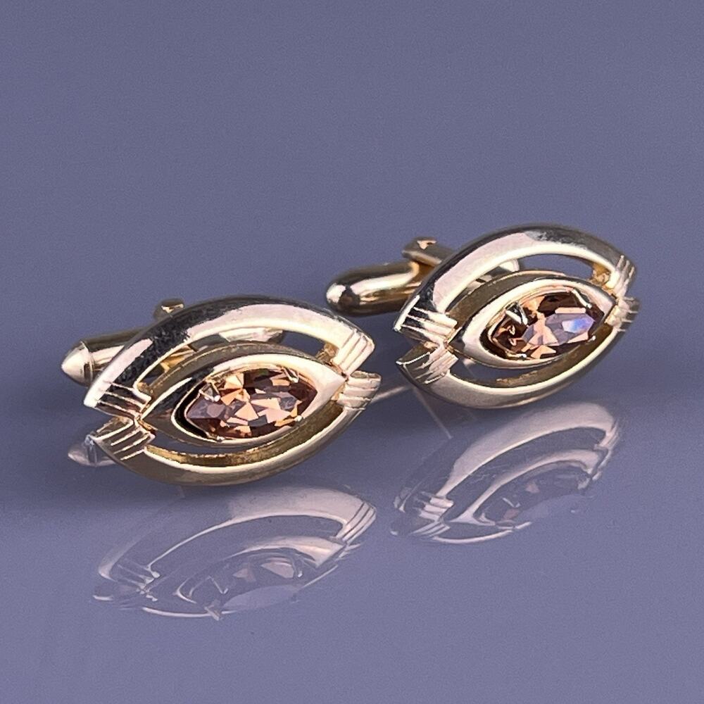 Amber Brown Rhinestone Cufflinks Gold Tone Cats Eye Open Frame Swank Vintage